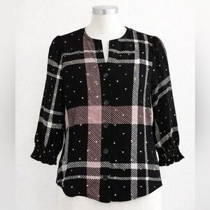 Harve Benard Plaid Button Front Blouse Gold Foil Print Small NWT